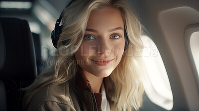 Buy stock photo Woman in airplane window seat looking at camera while traveling. Easy lifestyle concept