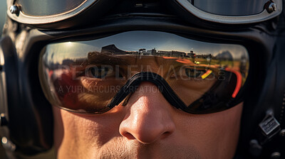 Closeup of pilot with headset and goggles ready for takeoff. Confident safe airforce concept