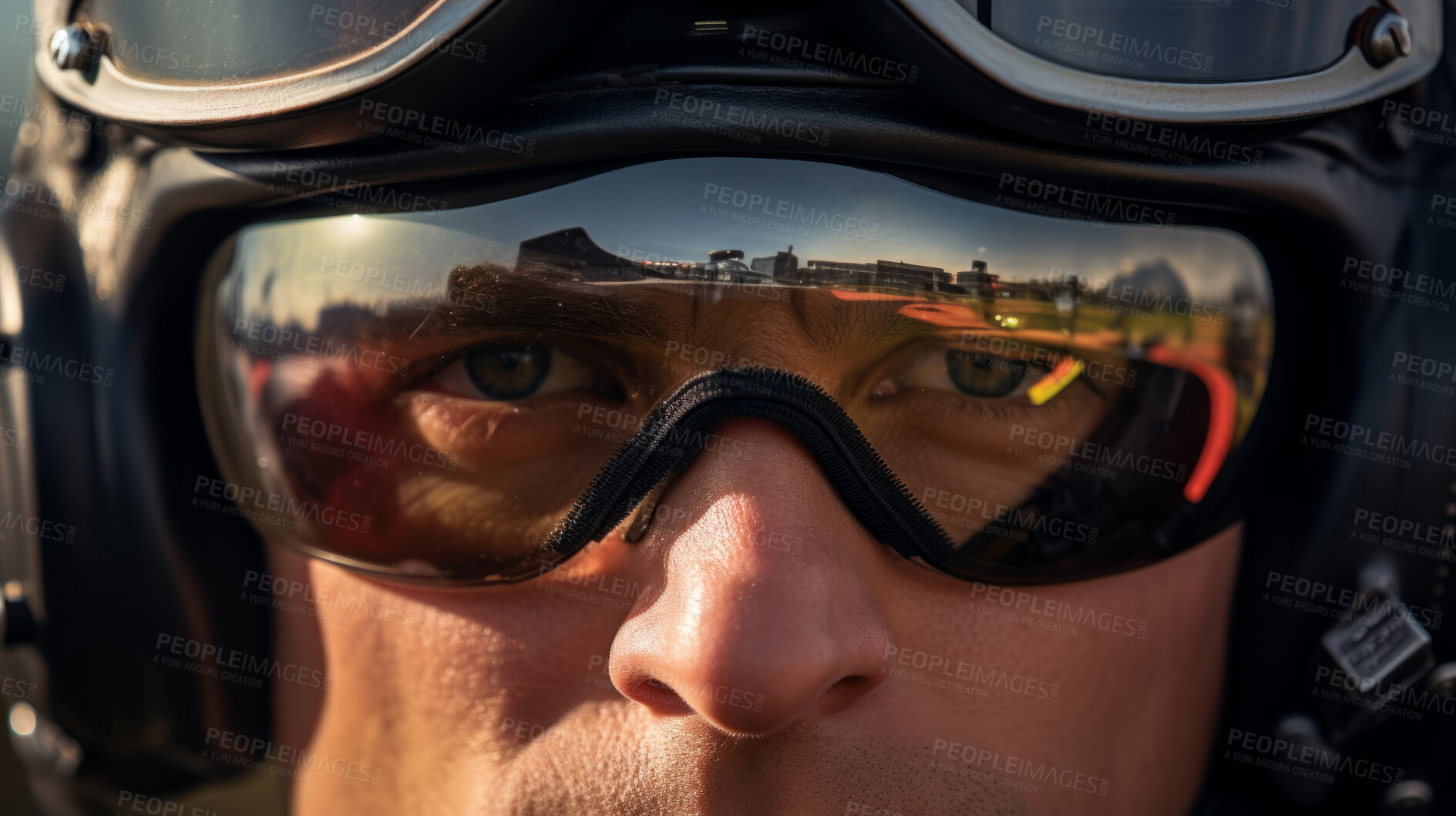 Buy stock photo Closeup of pilot with headset and goggles ready for takeoff. Confident safe airforce concept