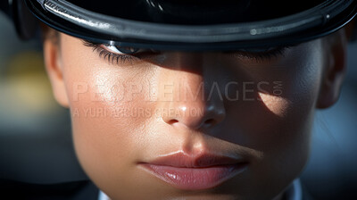 Buy stock photo Closeup of female with military hat. Confident, service trained concept