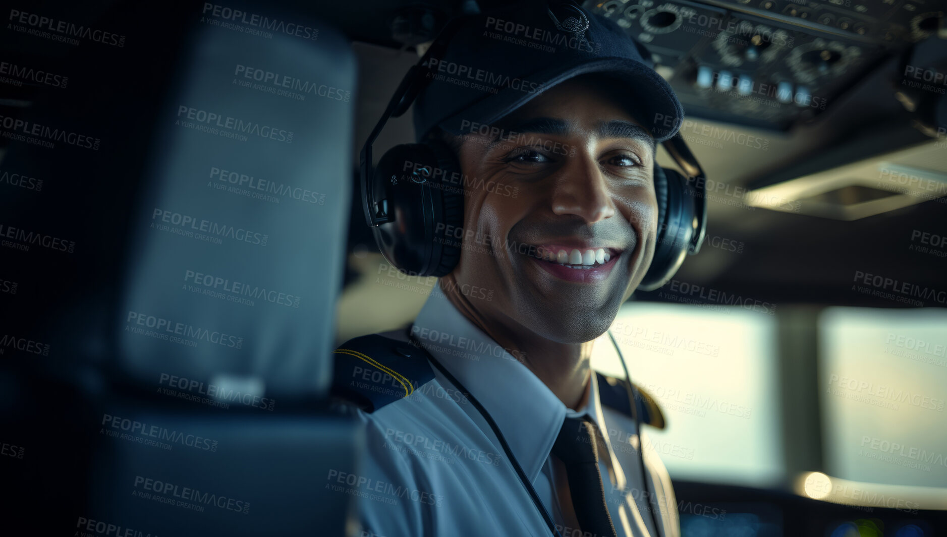 Buy stock photo Smiling male airplane pilot ready for takeoff. Confident safe travel concept