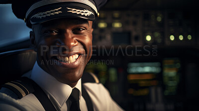 Smiling male airplane pilot ready for takeoff. Confident safe travel concept