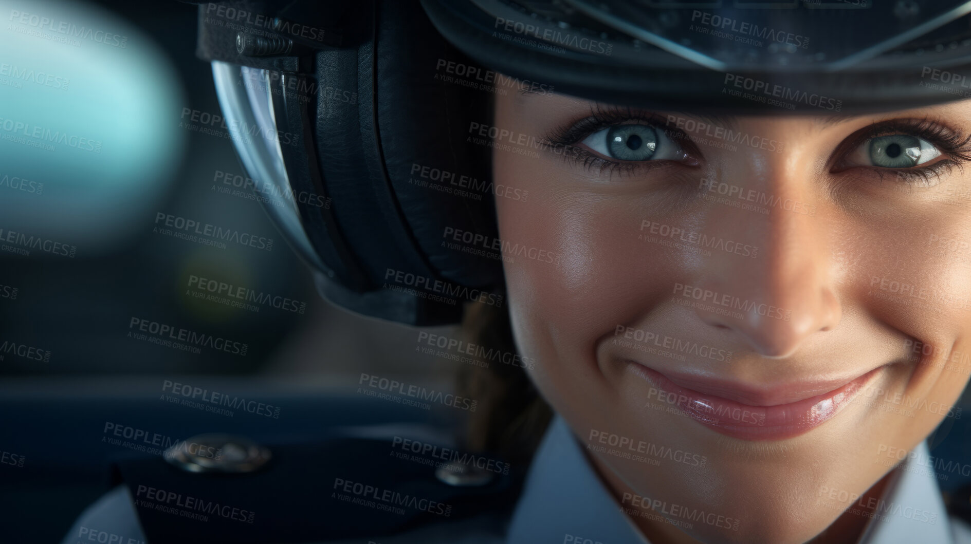 Buy stock photo Smiling female airplane pilot ready for takeoff. Confident safe travel concept