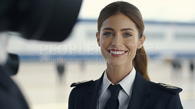 Smiling female airplane pilot ready for takeoff. Confident safe travel concept
