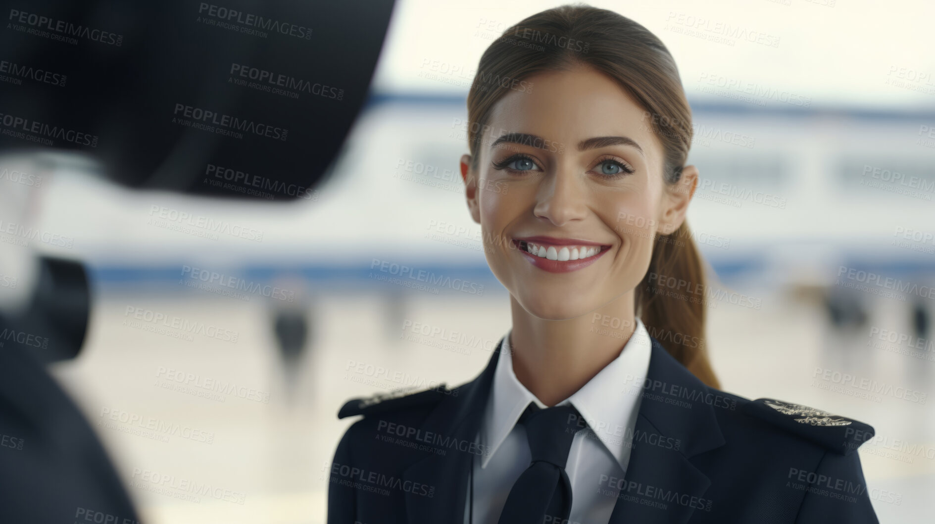 Buy stock photo Smiling female airplane pilot ready for takeoff. Confident safe travel concept