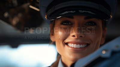 Smiling female airplane pilot ready for takeoff. Confident safe travel concept