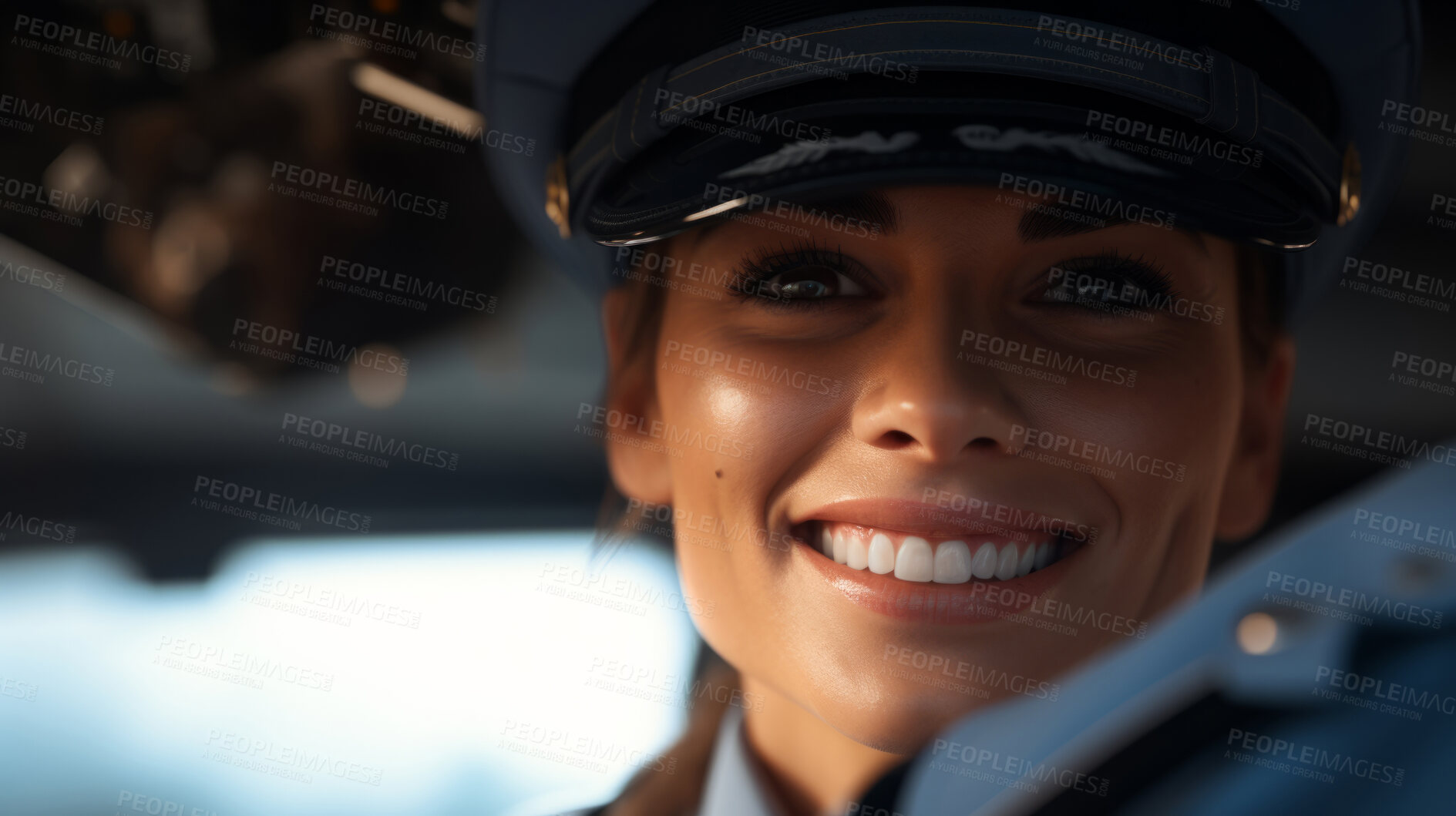 Buy stock photo Smiling female airplane pilot ready for takeoff. Confident safe travel concept