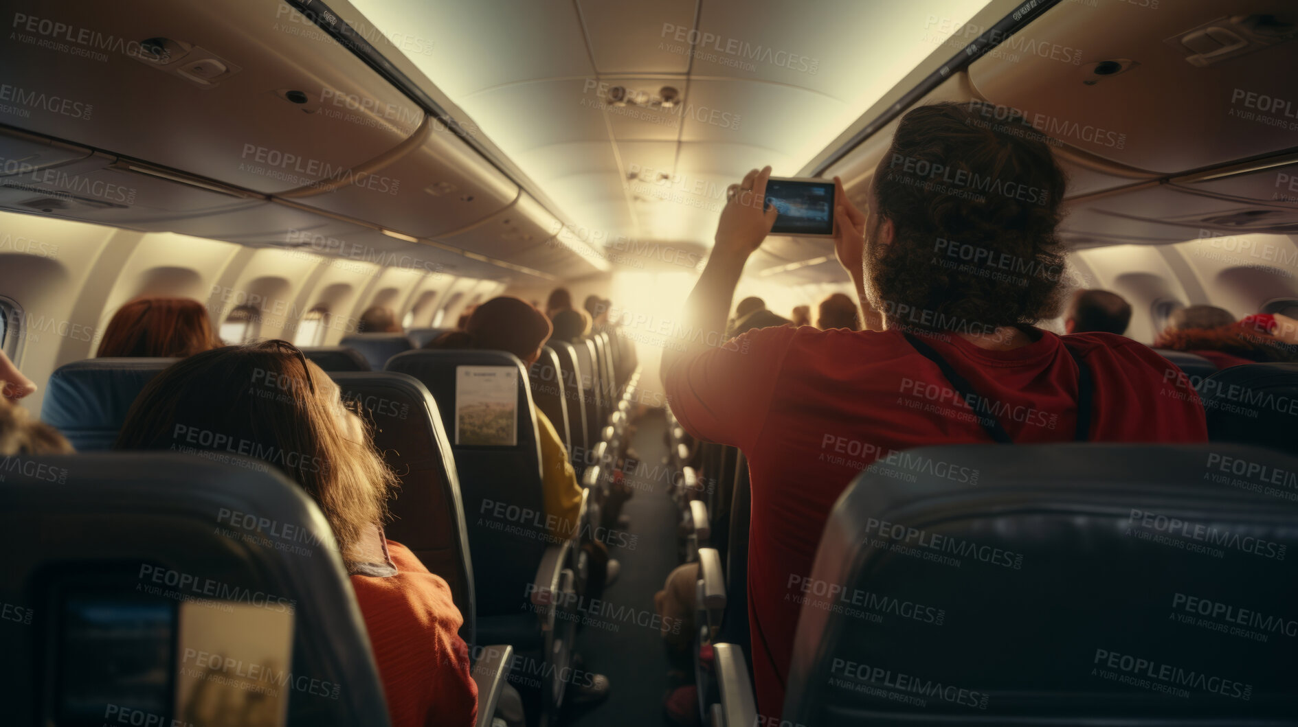 Buy stock photo Passenger taking photo in airplane full of people. Bright light in front of cabin, crash concept