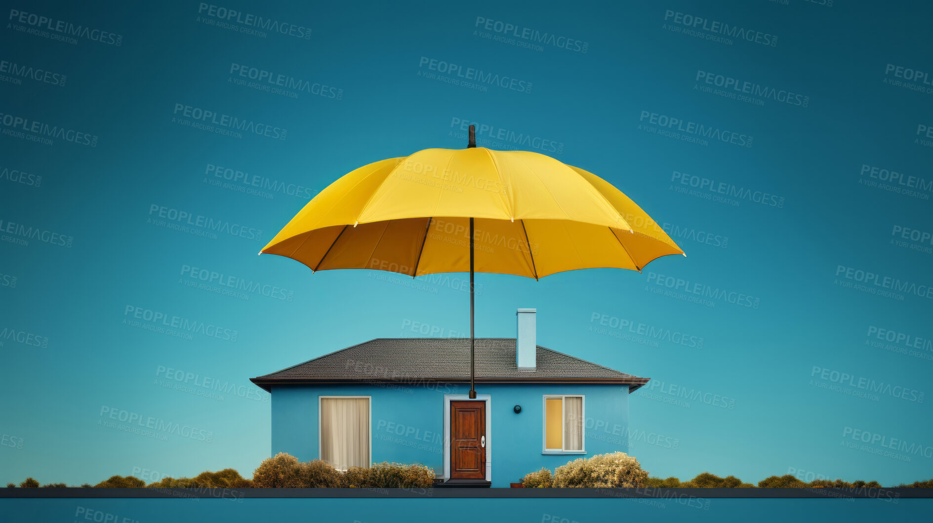 Buy stock photo Home under insurance umbrella. Protected asset coverage offered by company.