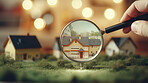 Searching for house and property with magnifying glass. Real estate investments.