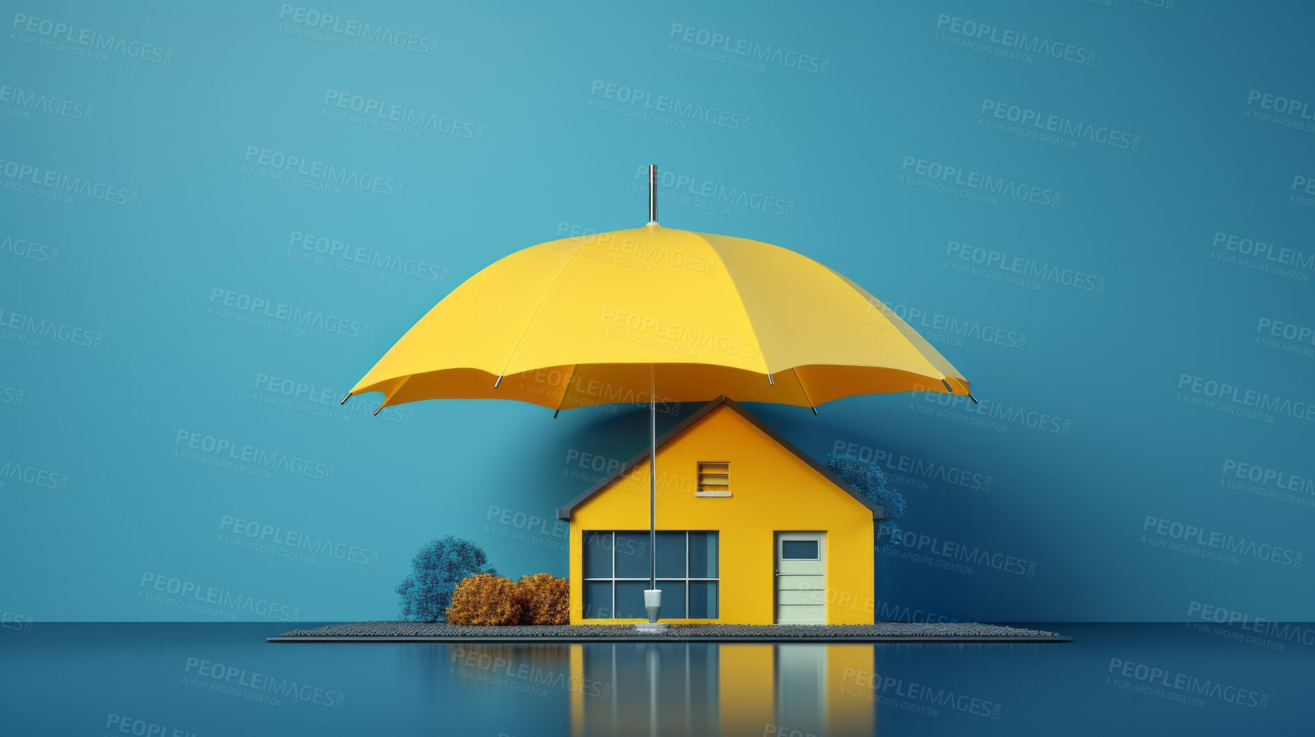 Buy stock photo Home under insurance umbrella. Protected asset coverage offered by company.