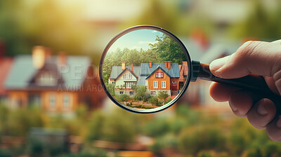 Searching for house and property with magnifying glass. Real estate investments.