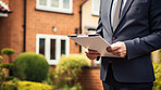 Real estate agent holding clipboard, contract document for client to sign home purchase agreement