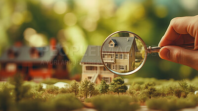 Searching for house and property with magnifying glass. Real estate investments.