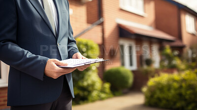 Real estate agent holding clipboard, contract document for client to sign home purchase agreement