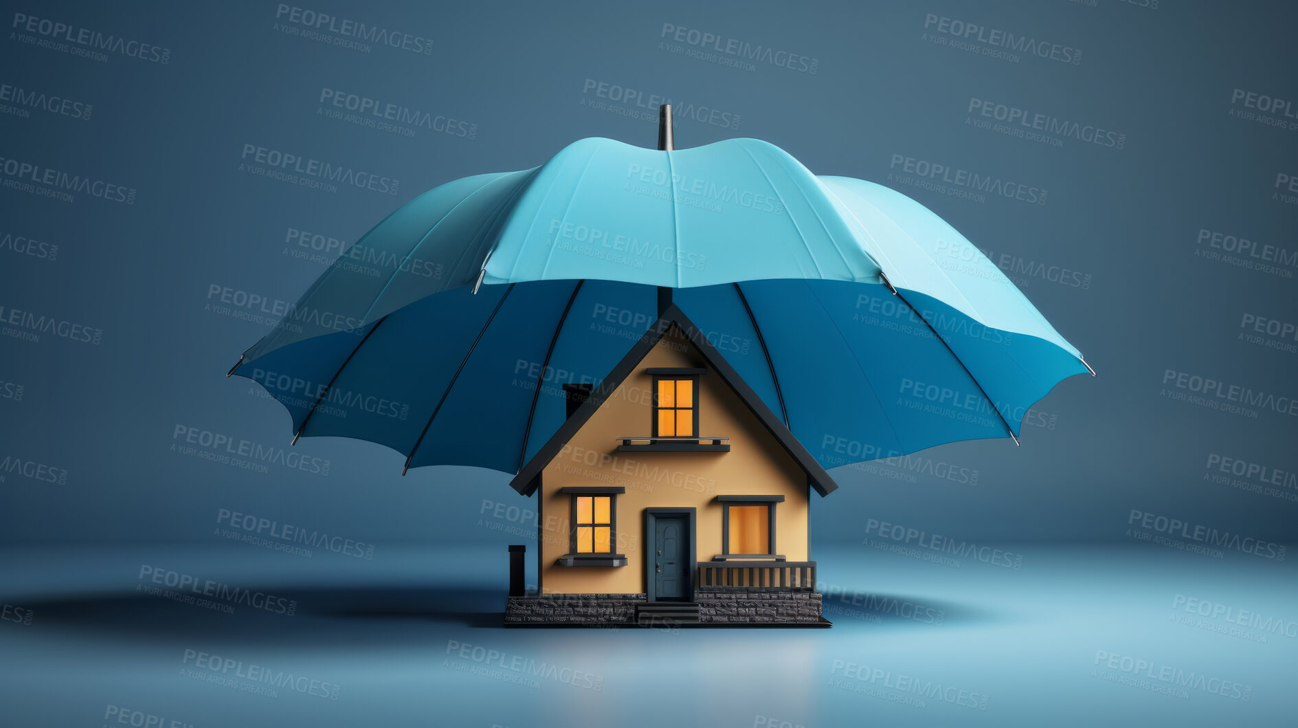 Buy stock photo Home under insurance umbrella. Protected asset coverage offered by company.