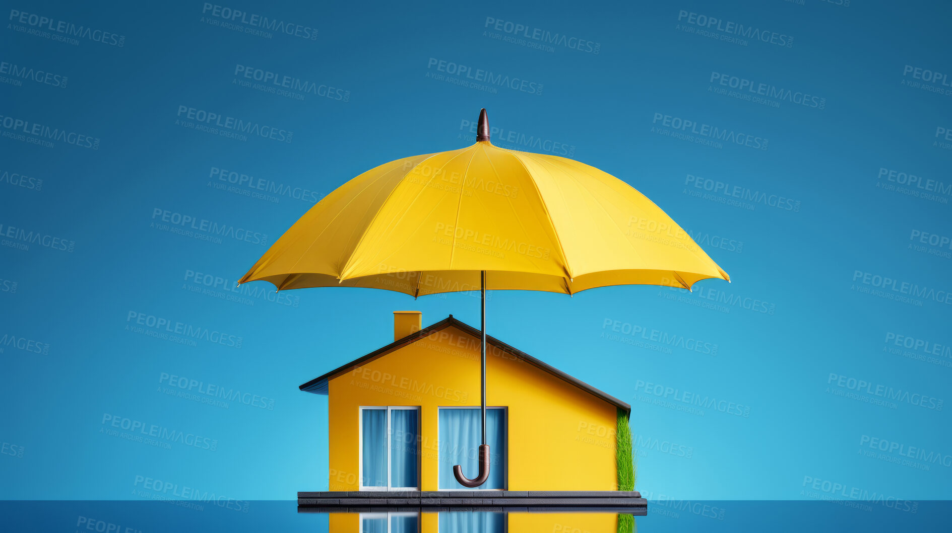 Buy stock photo Home under insurance umbrella. Protected asset coverage offered by company.