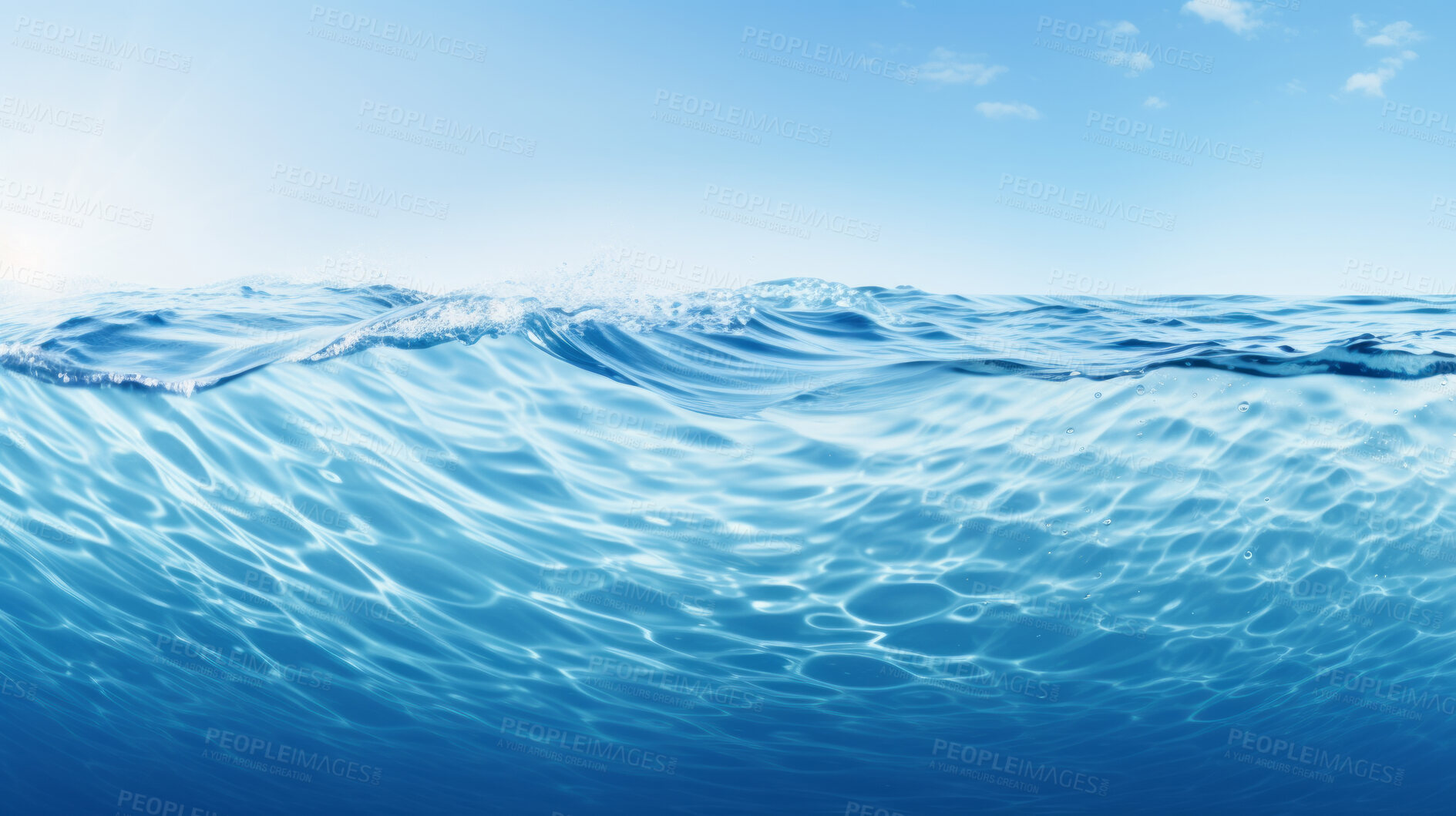 Buy stock photo Blue sea or ocean water surface. Calm wave, fresh mineral with sunny and cloudy sky