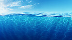 Blue sea or ocean water surface. Calm wave, fresh mineral with sunny and cloudy sky