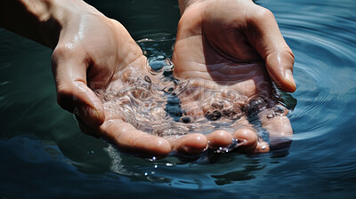 Hands in clean water, refreshing. Fresh spring mineral for hydration and environment