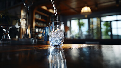 Close up of pouring purified water in glass. Fresh spring mineral water for hydration.