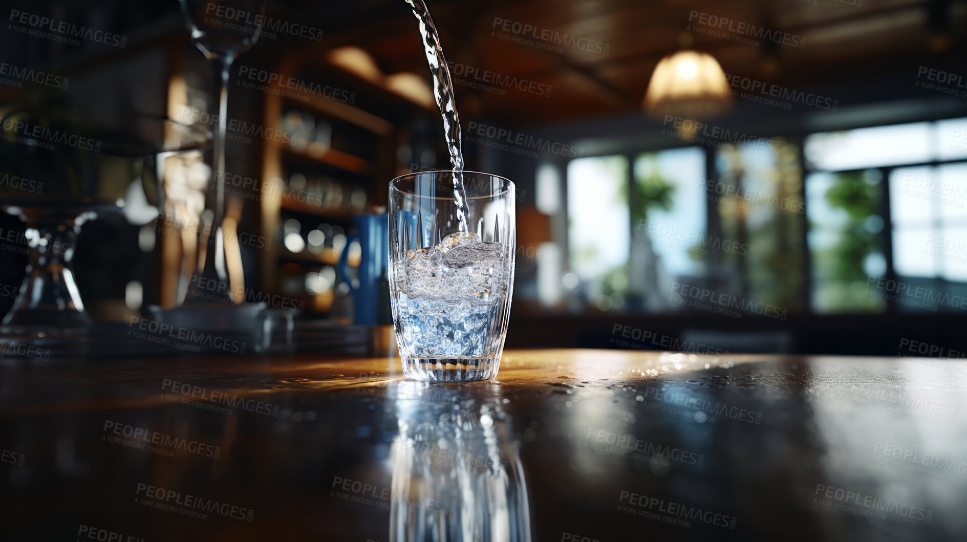 Buy stock photo Close up of pouring purified water in glass. Fresh spring mineral water for hydration.