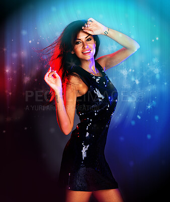 Buy stock photo Sexy woman, dancing and disco concert music event at night with galaxy or universe stars in background. New years or birthday club party with smile, happy and young female dancer in dark portrait
