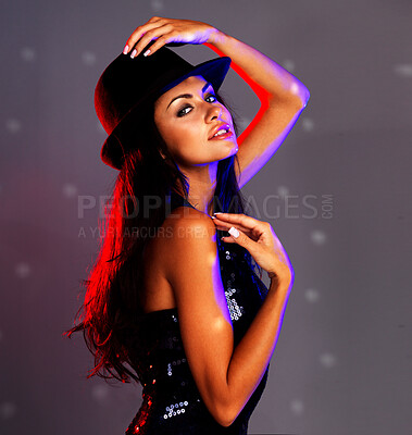 Buy stock photo Fashion, beauty and party of a sexy woman with fashionable style in attractive pose for a disco, concert or event. Portrait of a young female model ready for a club night, DJ music or house fun.