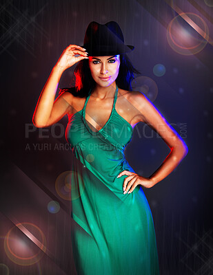 Buy stock photo Woman, disco portrait and fashion dress by dark studio background for party, club or dancing in night. Smile, happy rock model or smile in nightclub, social or new year for event, lens flare or shine