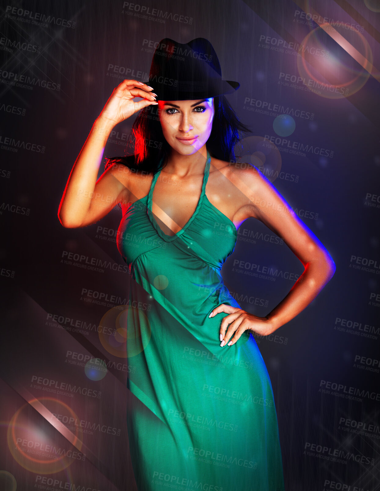 Buy stock photo Woman, disco portrait and fashion dress by dark studio background for party, club or dancing in night. Smile, happy rock model or smile in nightclub, social or new year for event, lens flare or shine