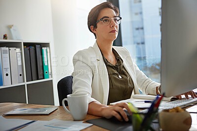 Buy stock photo Computer, research and business woman in office typing online documents, website database and writing email. Corporate, networking and busy female employee at desk with focus, planning and ideas