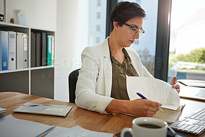 Buy stock photo Business, woman and reading paperwork, focus and planning for marketing campaign, strategy and modern office. Corporate, female employee and entrepreneur with documents, notes and writing for ideas