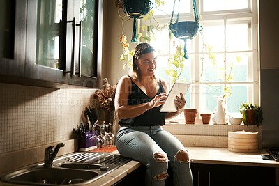 Buy stock photo Edgy, curvy and relaxed female on an online social media app or watching funny internet content in the kitchen. Happy, carefree and stylish woman browsing on a digital tablet in the kitchen at home