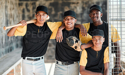 Buy stock photo Portrait of a group of young baseball players standing together in the dugout