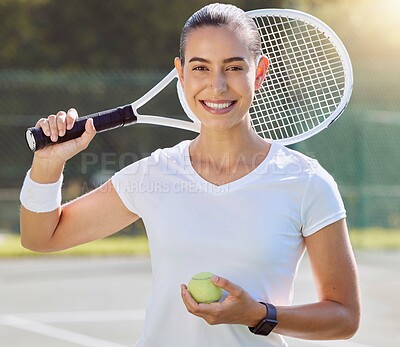 Buy stock photo Tennis sports, game portrait and woman training for health on court, happy at professional sport event and smile at outdoor competition. Young athlete girl doing exercise for match in summer