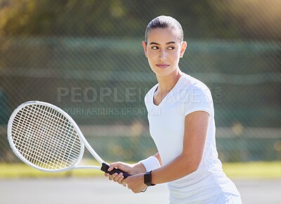 Buy stock photo Tennis, sport and woman holding her racket and ready to play on court outdoor. Fitness and training female athlete playing in professional sports competition. Active female ready to serve in match 
