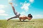 Meditation, energy and woman doing yoga on a field for zen, fitness and exercise in nature. Pilates, wellness and sports lady plank, training and practicing posture, strength and balance handstand