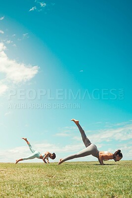 Buy stock photo Pilates training, fitness friends and field for wellness goal, accountability motivation and blue sky summer lens flare mock up. Outdoor stretching women or personal trainer with yoga exercise mockup