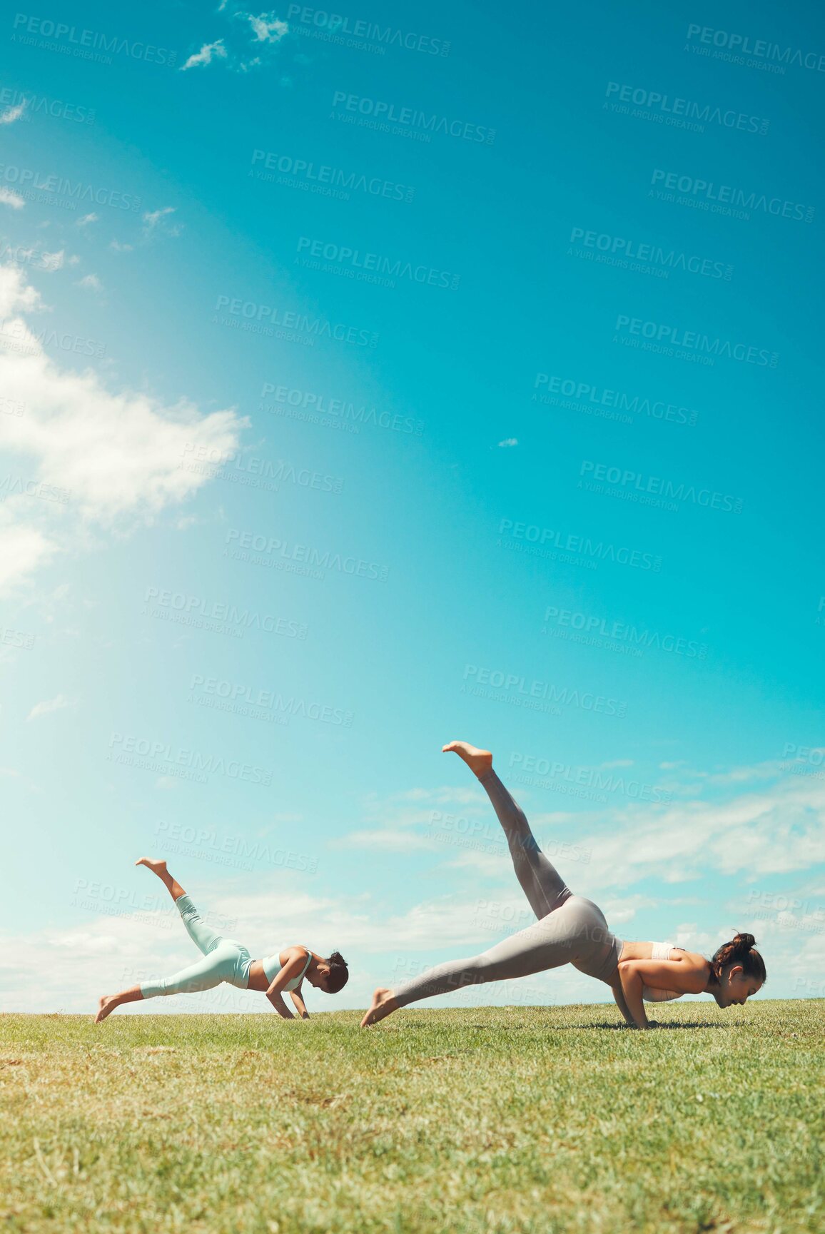 Buy stock photo Pilates training, fitness friends and field for wellness goal, accountability motivation and blue sky summer lens flare mock up. Outdoor stretching women or personal trainer with yoga exercise mockup