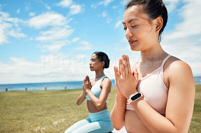 Buy stock photo Fitness, yoga and woman in spiritual wellness, exercise and training workout for mental wellbeing in nature. Women in meditation pose on grass in calm, peace and zen for healthy mind, body and spirit