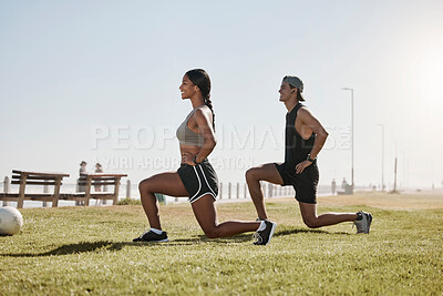 Buy stock photo Woman, man or stretching on soccer field in fitness, workout and training for health, wellness or competition game. Smile, happy or football team, sports people or players with exercise mindset goals