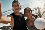 Selfie, friends and exercise by beach, for training and wellness with ball, smile and happy outdoor. Workout, man and healthy woman being relax, fitness and cheerful for health, motivation and sport 