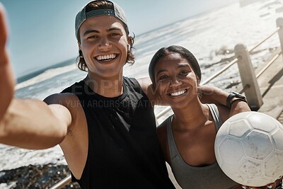 Buy stock photo Selfie, friends and soccer for exercise by beach, for training and wellness with ball, smile and happy outdoor. Workout, man and healthy woman being relax, fitness and cheerful for health or football