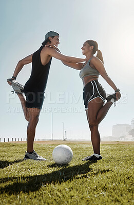 Buy stock photo Exercise, man and woman doing soccer, stretching for  game and being healthy on field for wellness, workout and fitness together. Male, female and athlete doing training for health and football