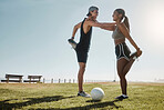 Fitness, couple and stretching at the beach park for workout, exercise and training together for health in the outdoor. Friends in morning routine stretch for cardio exercising in sports motivation