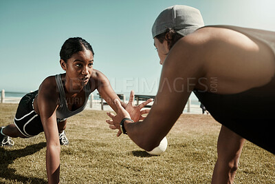 Buy stock photo Fitness, workout and plank exercise of couple training cardio in a beach park together. Focus, motivation and teamwork or collaboration of a healthy sport athlete and trainer on grass in summer