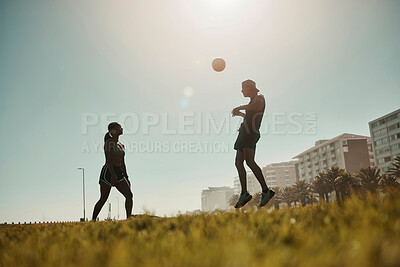 Buy stock photo Man, woman and soccer ball play in grass park for exercise, training game and workout match. Fitness friends, football players and sports team playing in energy health wellness on Portugal city field