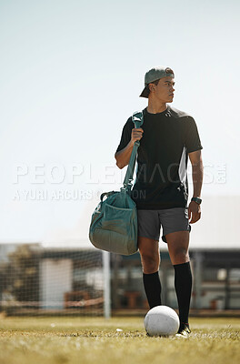 Buy stock photo Thinking man, soccer ball or grass field for training, workout or exercise for Brazilian competition game. Football player, sports person or fitness match with kit bag, wellness ideas or vision goals