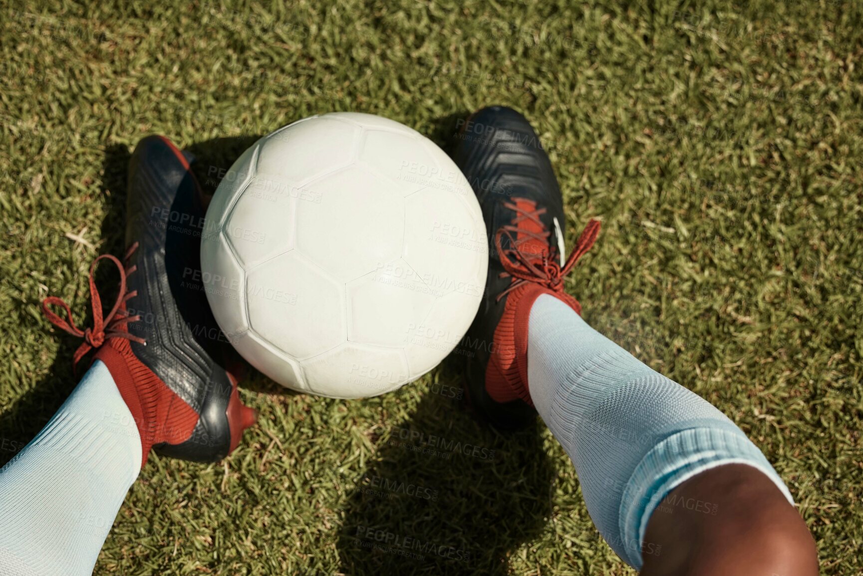 Buy stock photo Soccer ball, grass field and shoes, soccer player and sport, athlete feet and fitness, sports game and training closeup. Soccer, ball and exercise, soccer field and outdoor, green and competitive.