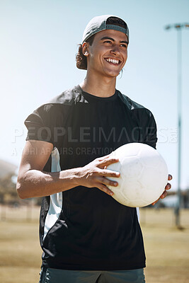 Buy stock photo Soccer, man training on field and sport ball to play competitive summer training match on natural grass pitch. Happy football athlete at sports game, fitness exercise and workout outside in Brazil
